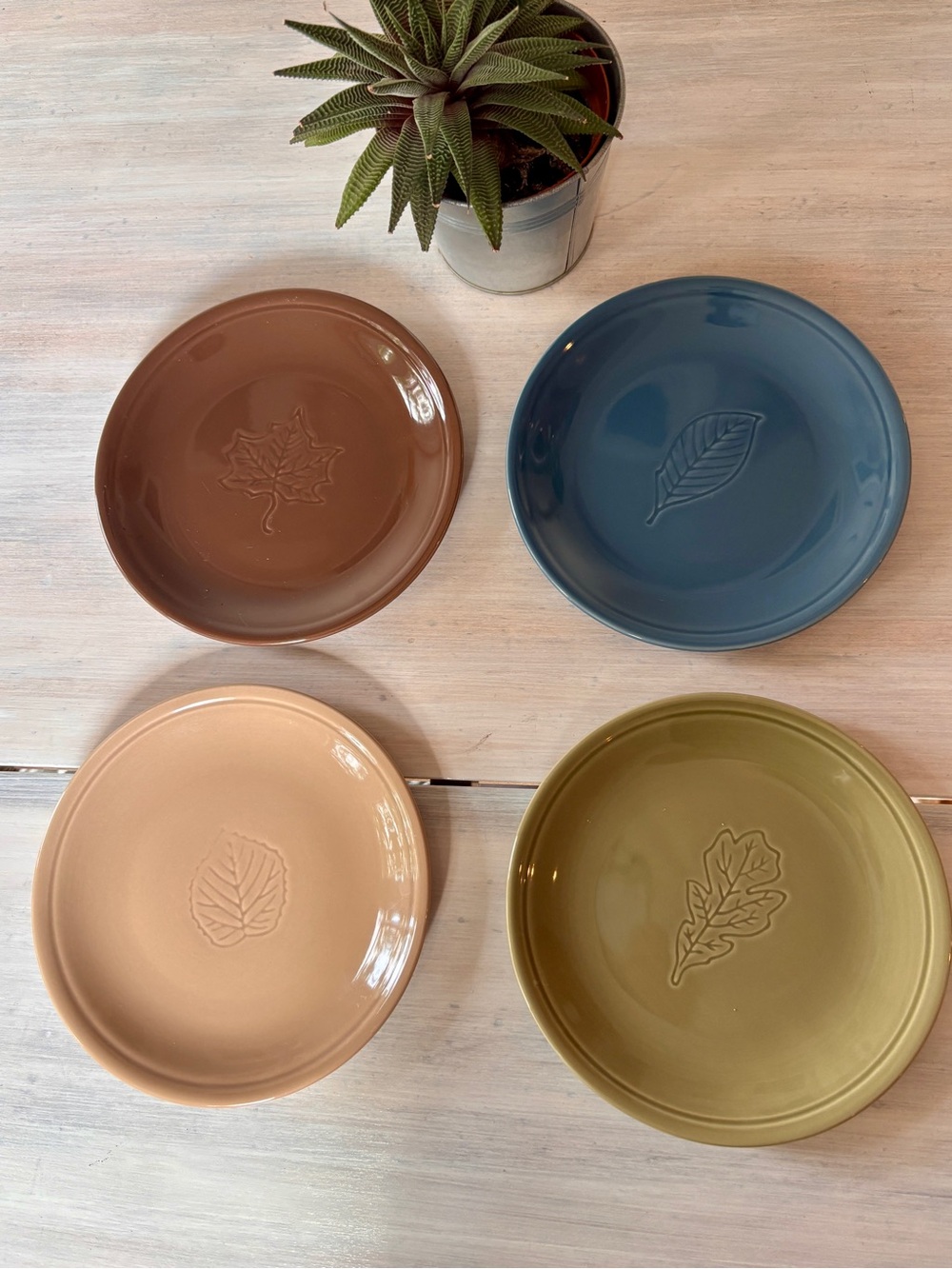 Ceramic Leaf Plates with Nature Design in Brown, Sage, Blue & Taupe. Set of (4).